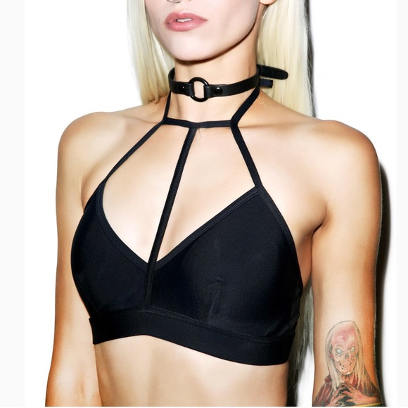 DOLLS KILL Choker Cage Swim Black Bikini Top XL - Picture 3 of 8
